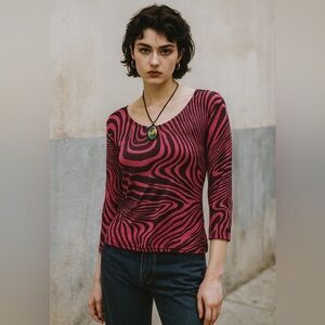 Bob Mackie Studio Womens Sz M Zebra Stripe Pink Brown Silk Liquid Fabric Artsy